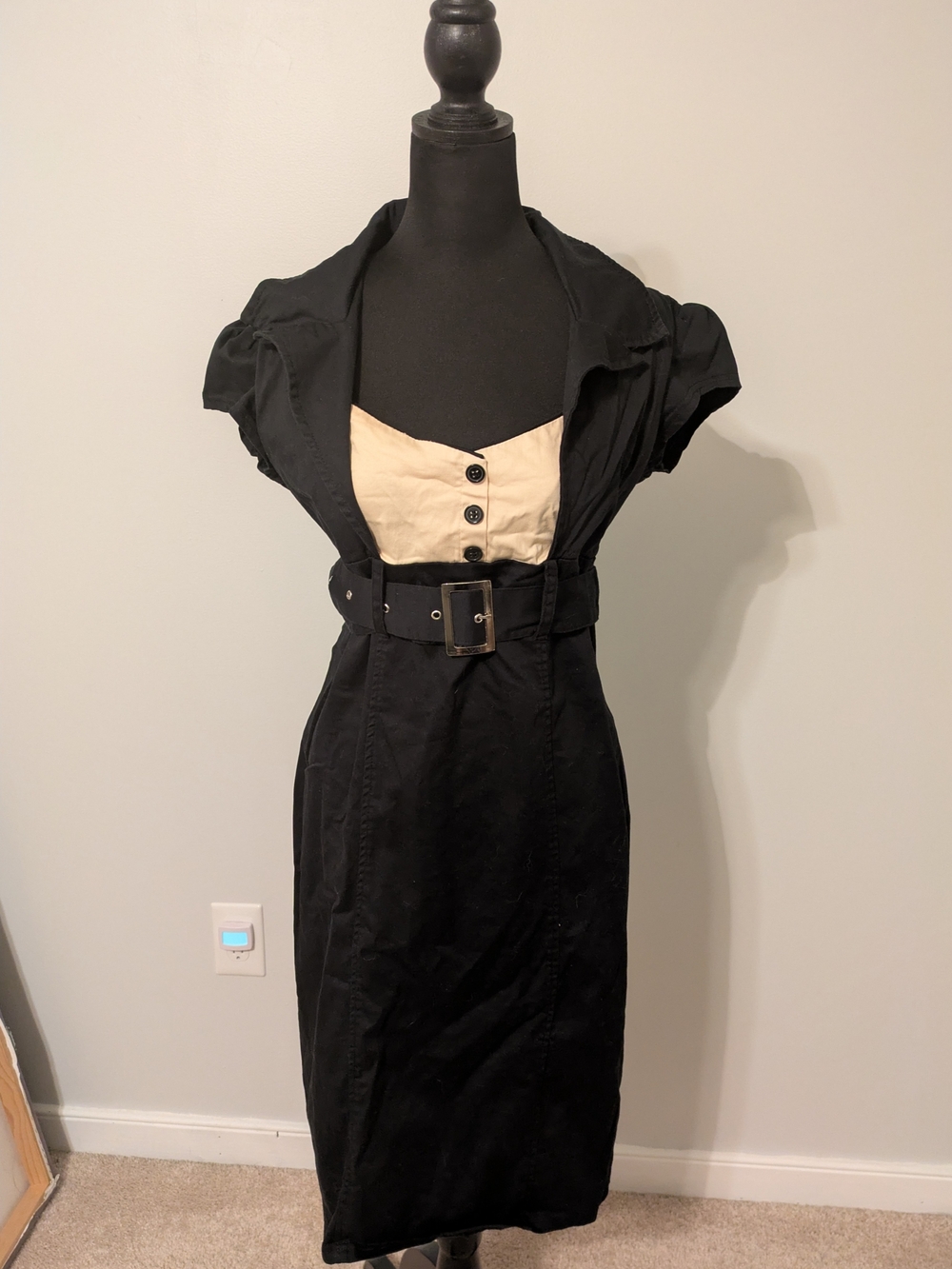 Lindy Bop Black and Cream Belted Sheath Dress UK 18/US 14 Belted Retro Midi